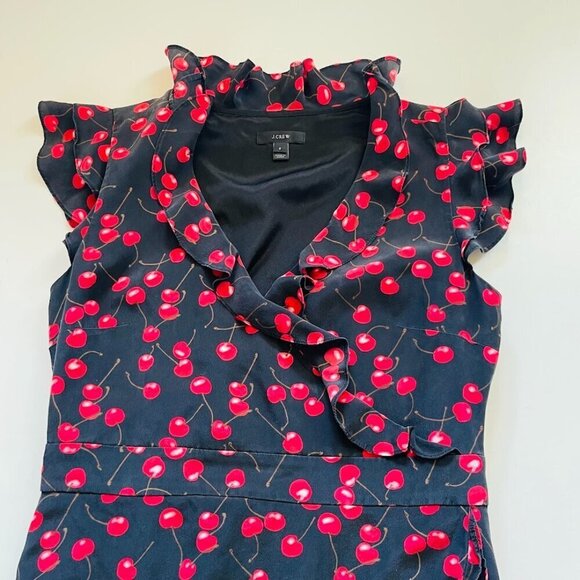 J. Crew 100% Silk Black Cherry Print Ruffle Cap Sleeve V Neck Midi Dress V Neck - Picture 6 of 12
